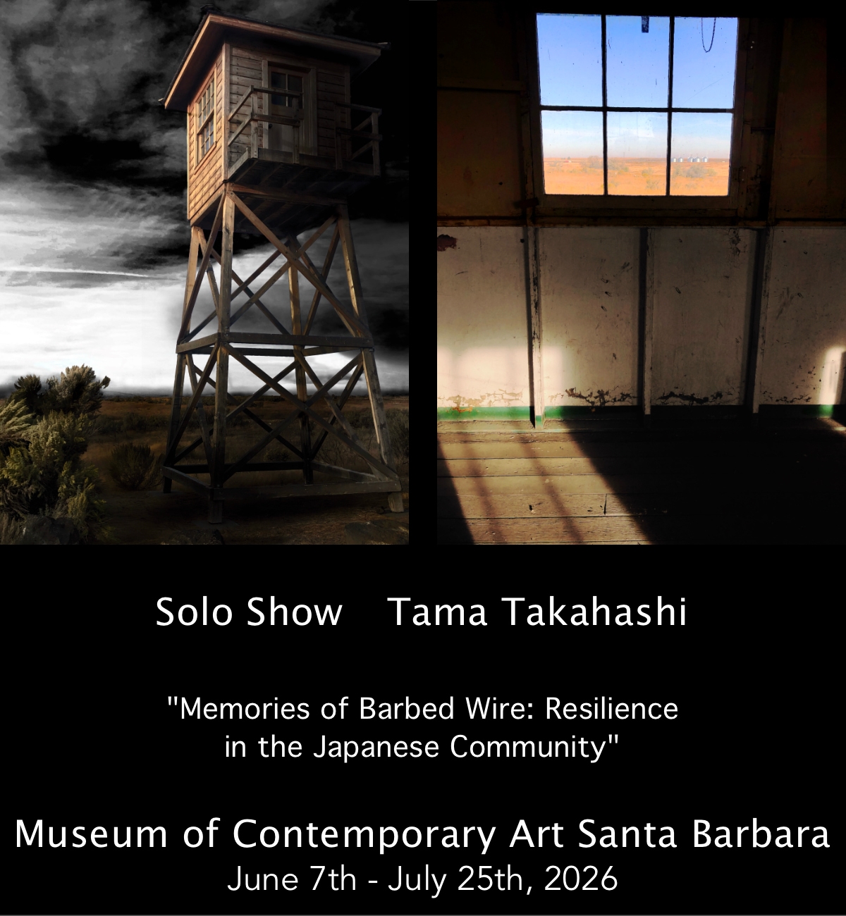 art by Tama Takahashi showing two photographs of the Minidoka, ID concentration camp